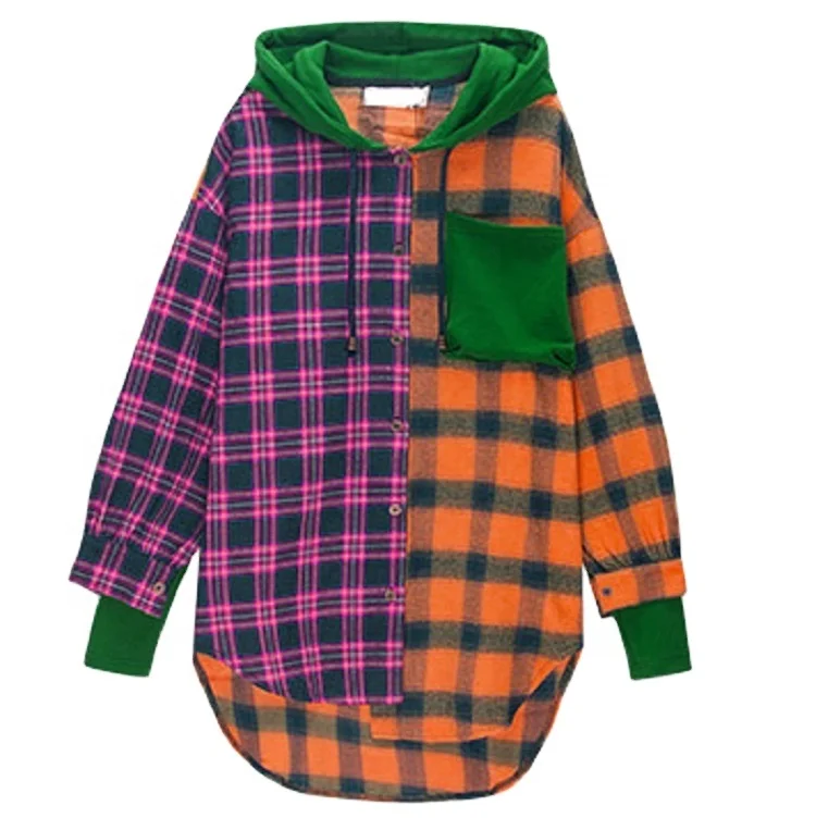 Streetwear Custom Flannel Patchwork Color Block Long Sleeve Hooded Button Up Curve Hem Oversize Women Plaid Shirts with hood