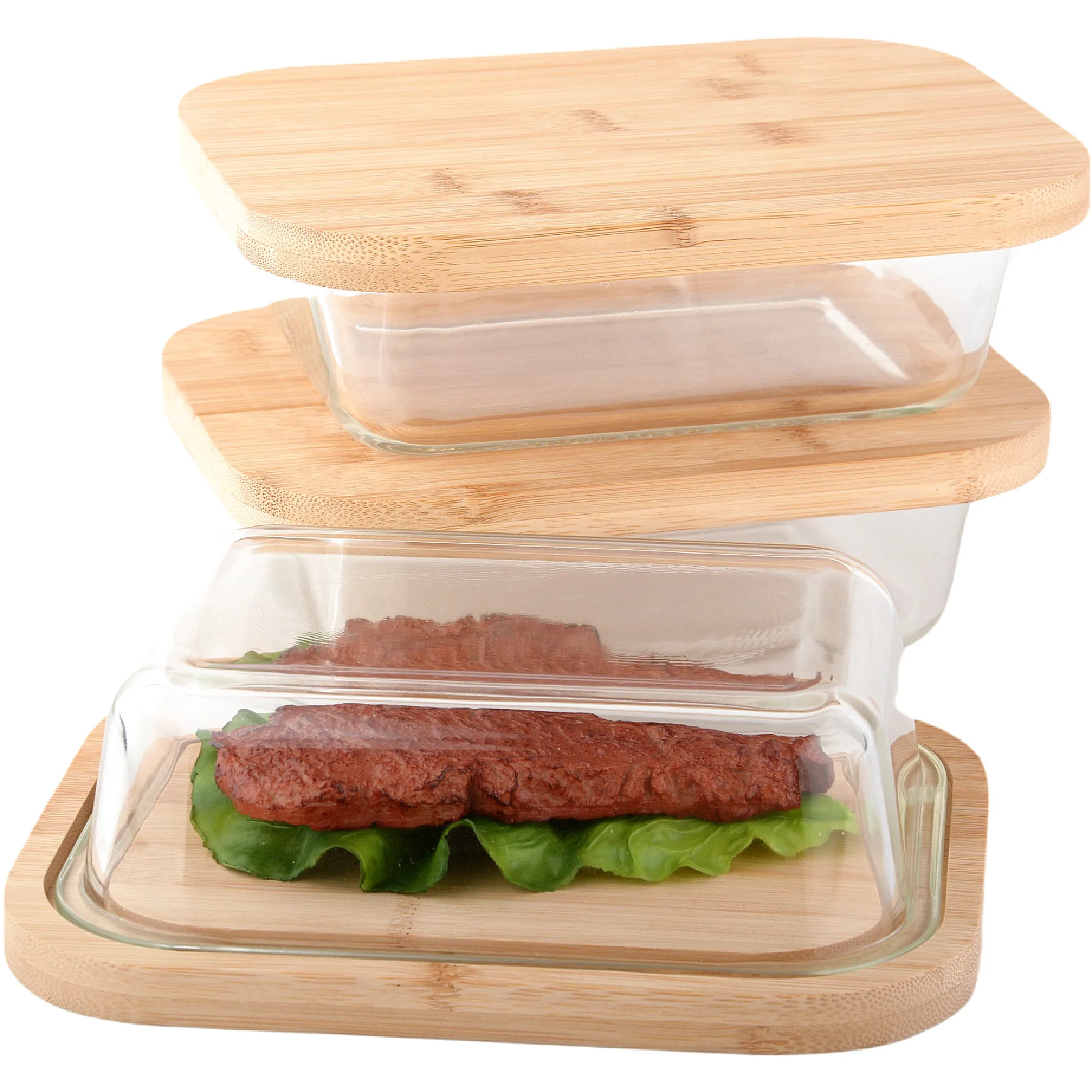 Оптовая продажа, высокая боросиликатная стеклянная бамбуковая тарелка для масла, термостойкая посуда из пирекс-стекла с бамбуковой крышкой