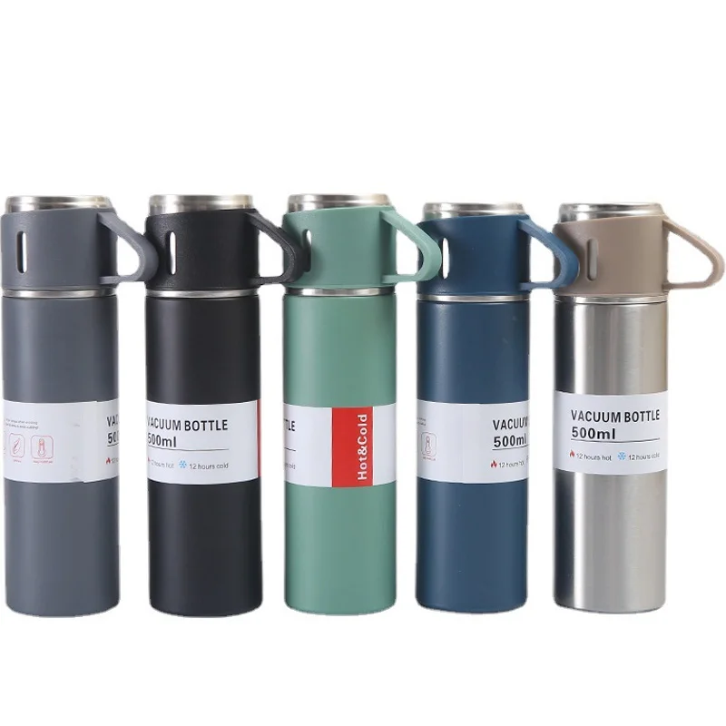 Thermo Double Wall 500ml Bottle Business Tea Gift Set Box Cup  3pcs 304 Stainless Steel Vacuum Flask Set
