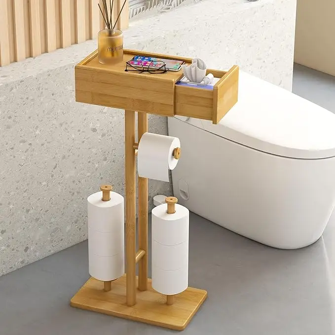 CF BBS03 Eco-friendly Free Standing Bamboo Toilet Paper Holder with Storage Three-Layer Tissue Rack for Bathroom