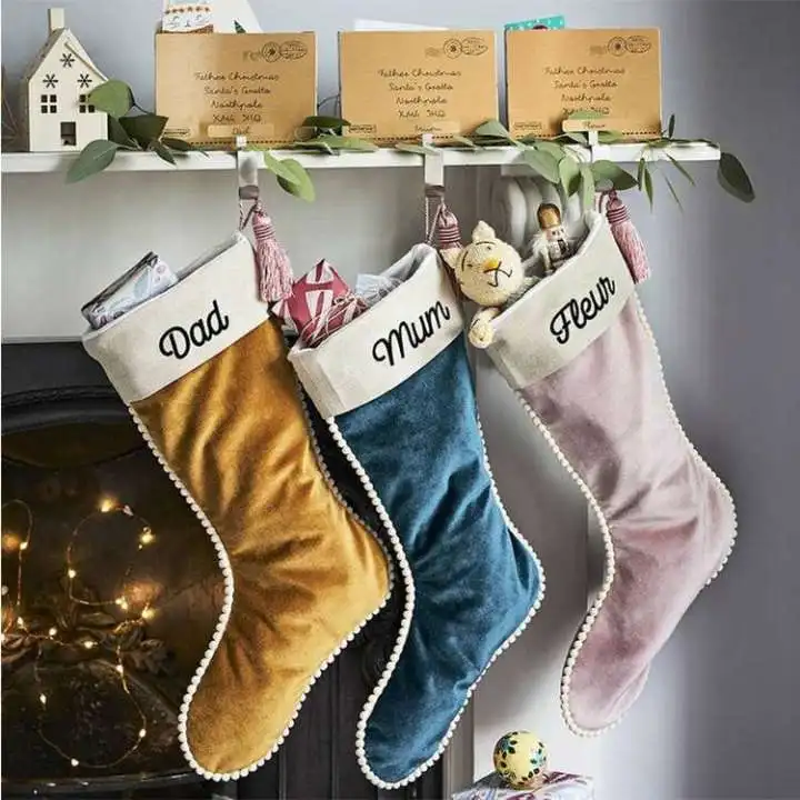Custom Decor Holiday Gift Bag Luxury Sublimation Blank Velvet Christmas Stocking With Pom Pom