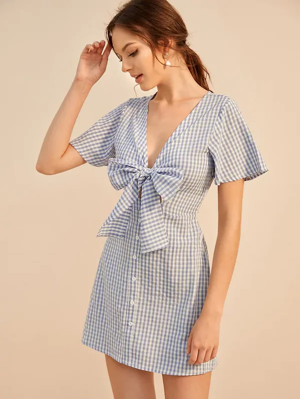 Wholesale Womens Summer Fashion Clothing Short Sleeve Front Tie bow Blue Plaid MIni Dresses