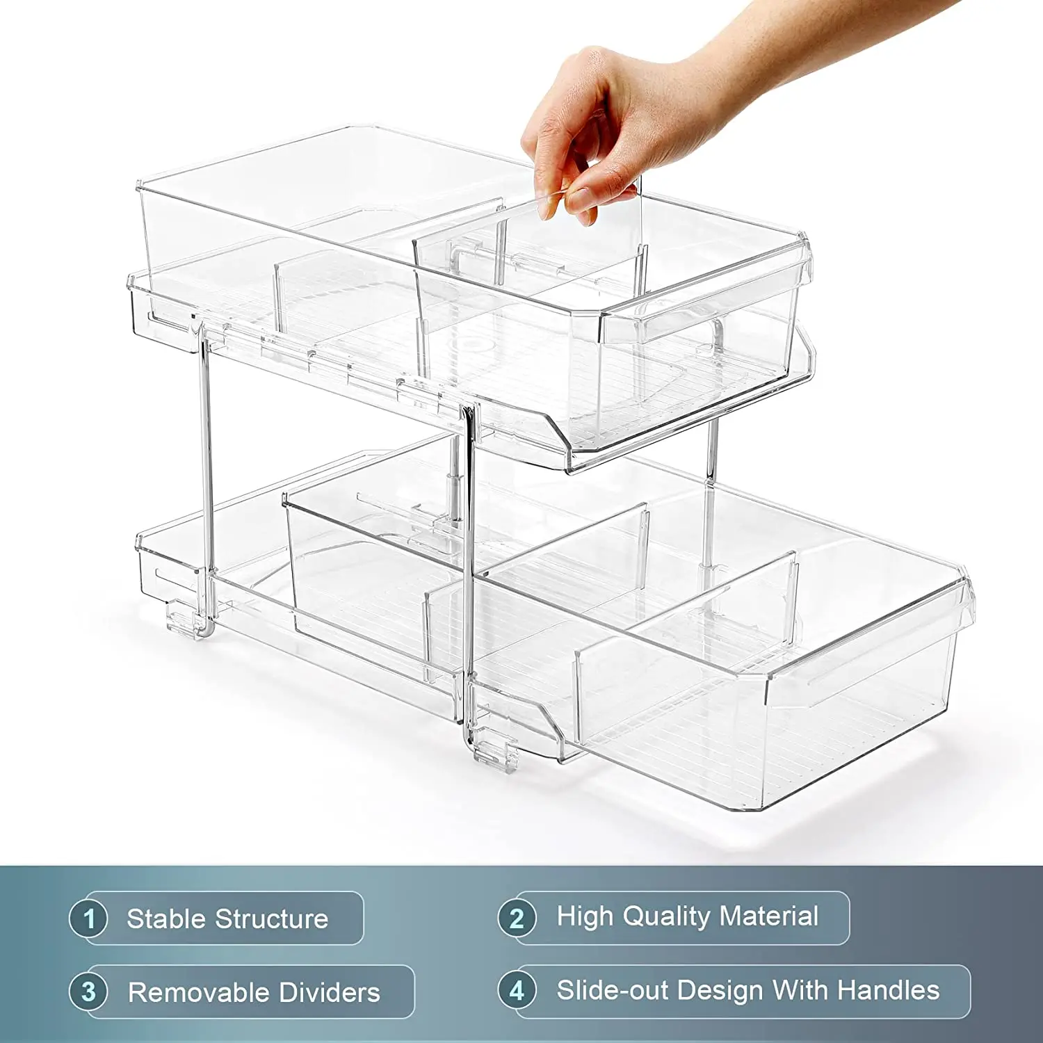 2-Tier Clear with Removable Dividers Slide-Out Plastic Storage Bins Bathroom Under Sink Organizer Kitchen Fridge Bins Wholesale