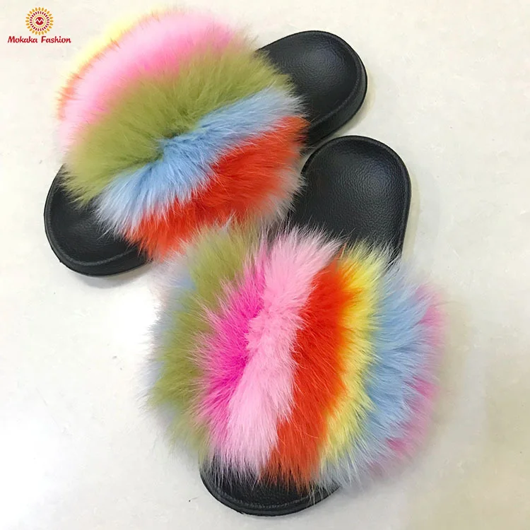
Wholesale fashion custom color fluffy fur slides womens slippers women fox 