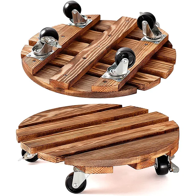 Wholesale Round Tray Wood Movable Wheel Flowerpot Base plant stand for Vase for garden