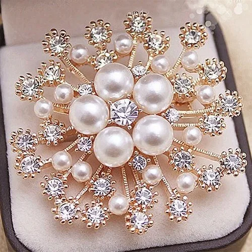 Exquisite Flowers Corsage Pins Big Snow Crystal Pearl Rhinestone Brooches Women