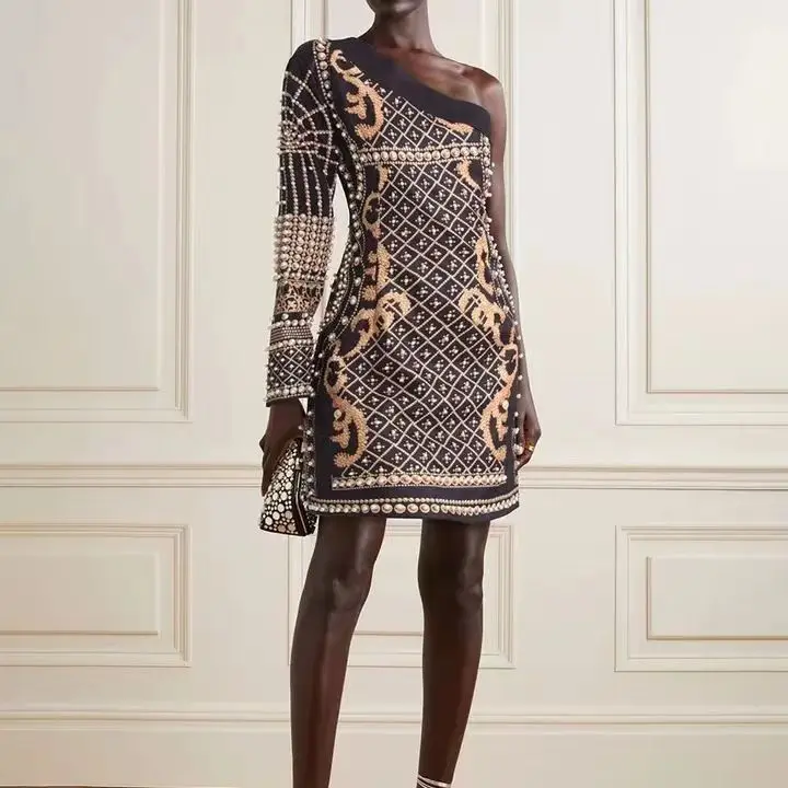 Luxury English Heavy Beaded Dress Women Fashion Retro Long sleeve One Shoulder Print Pearl Sexy Mini Dresses