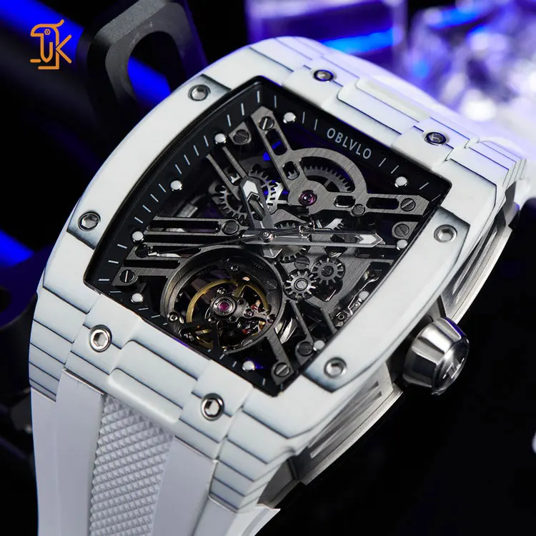 SANYIN Custom Brand Tonneau Skeleton Watch With Silicone Band Carbon Fiber Case Automatic Mechanical Wrist Watch