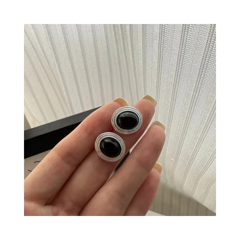 925 sterling silver black agate earrings french retro oval ear jewelry fashion jewelry