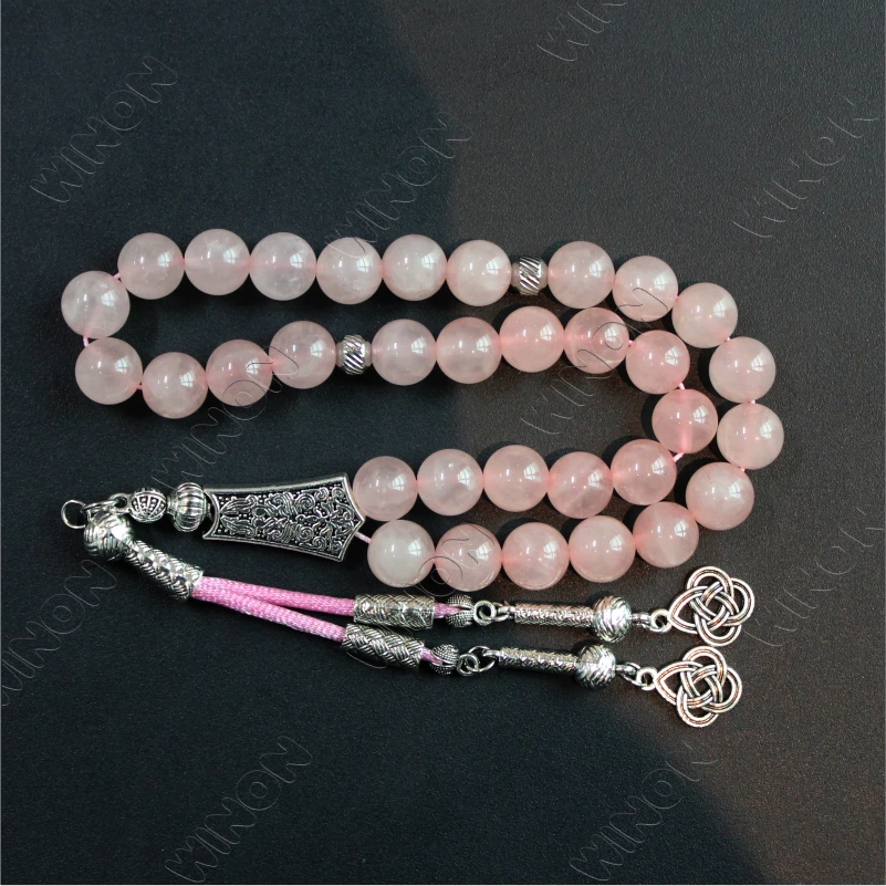 Натуральный Хрустальный розовый кварц Tasbih 100% настоящий драгоценный камень 33 четки Исламская мода мусульманские 2024 аксессуары