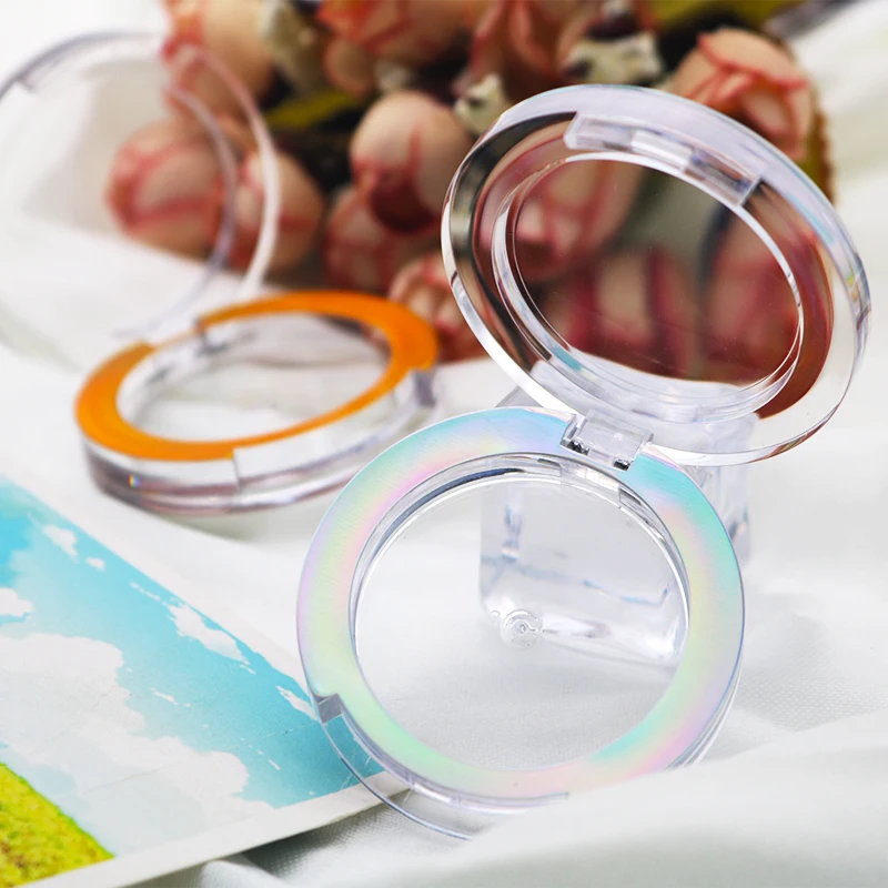 high-end luxury empty highlighter makeup packaging clear blue glitter pressed powder case round compact powder box with mirror