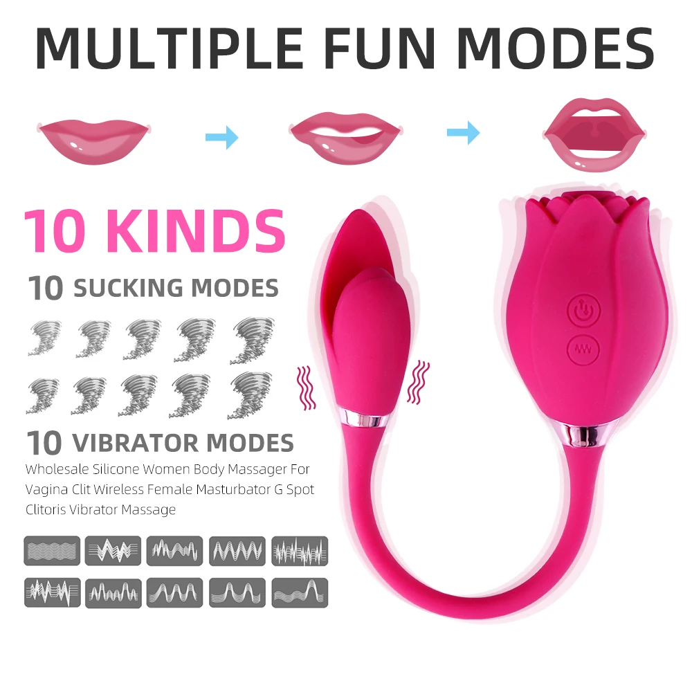 Aimitoy Rose Vibrator 2 in 1 Tongue Licking Women Vagina Red Rose Flower Shape Suction Adult Breast Clitoral Sucking Vibrator