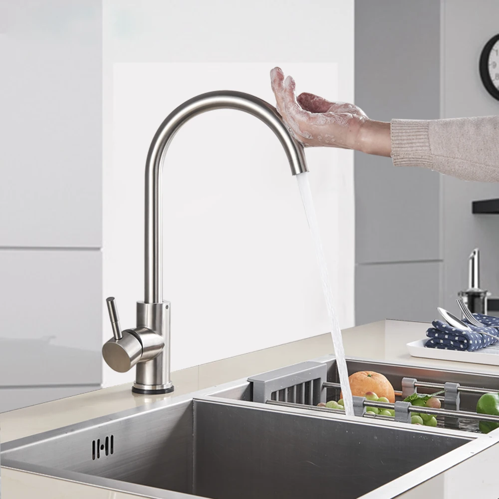 Sensor Faucet Brushed Nickel Kitchen Sink Faucet Touch Control Faucet Tap Hot Cold Water Mixer Deck Mounted 360 Degree Rotation