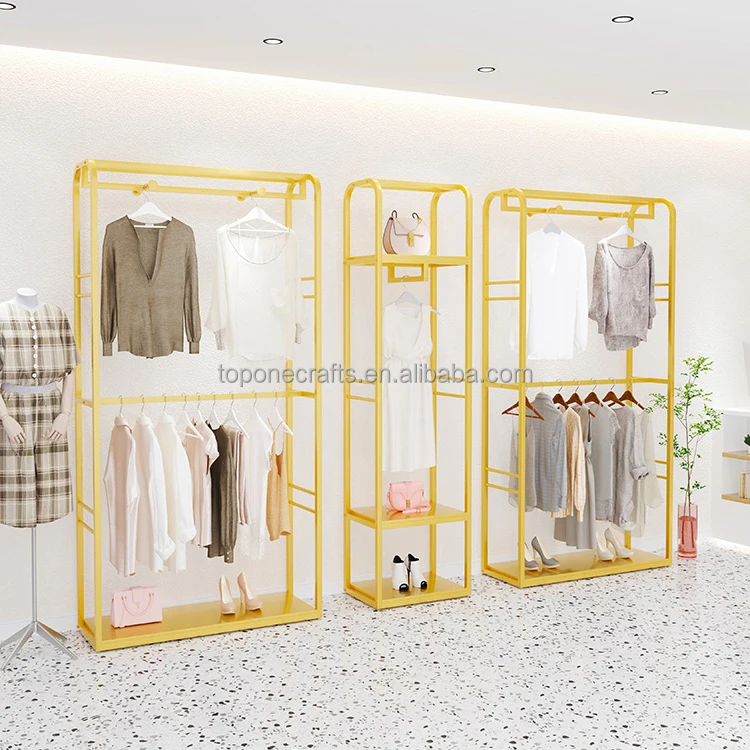 Best Seller Clothing Shop Gold Stainless Steel Floor Stand Space saving heavy duty clothing display racks for boutique