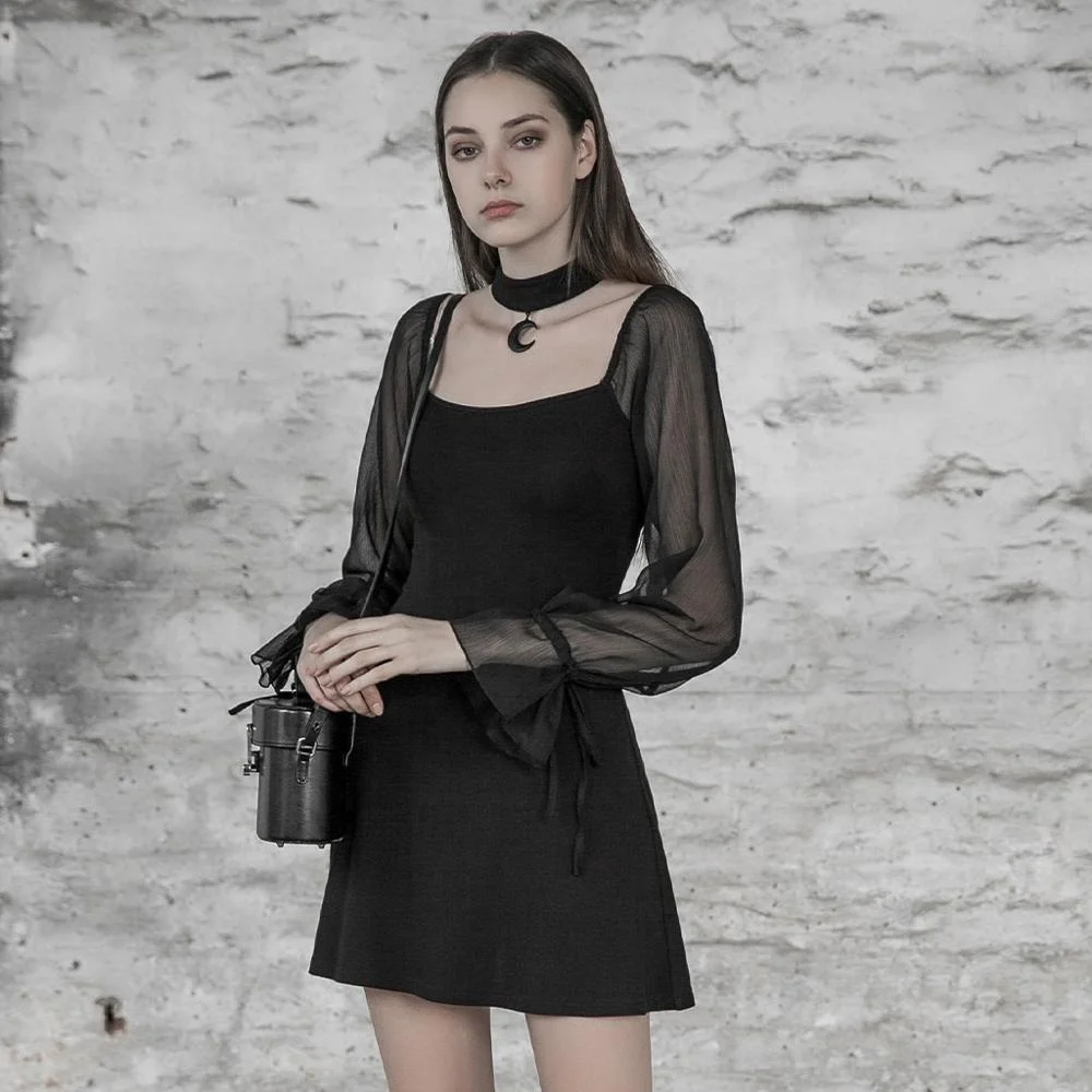 PUNK RAVE OPQ-497 Lolita Gothic Dresses Elegant Patchwork Mesh Long Sleeve Halter Black Women Mini Casual Dress