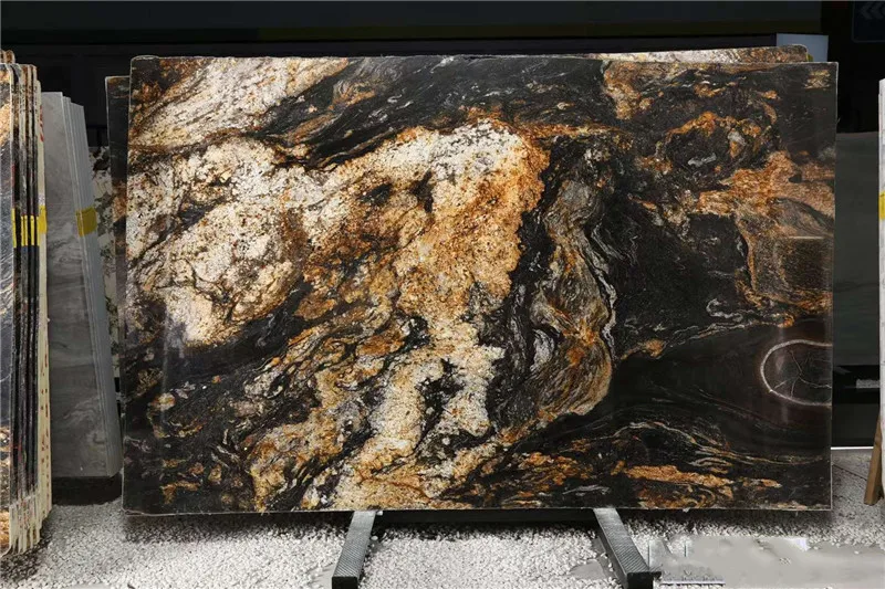 exotic cosmic black granite slabs with golden veins