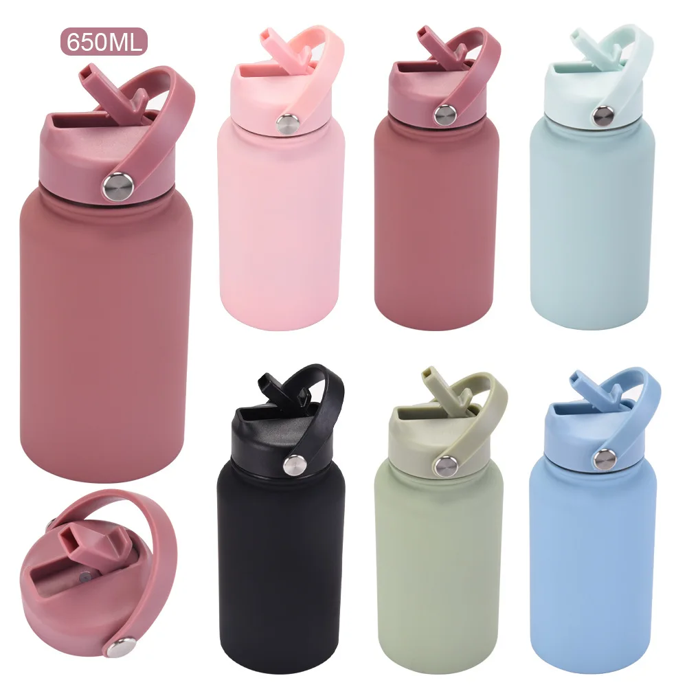 Custom Portable free Straw Large capacity 650ml  Wide mouth double wall stainless steel vacuum bottle handle Rubber paint