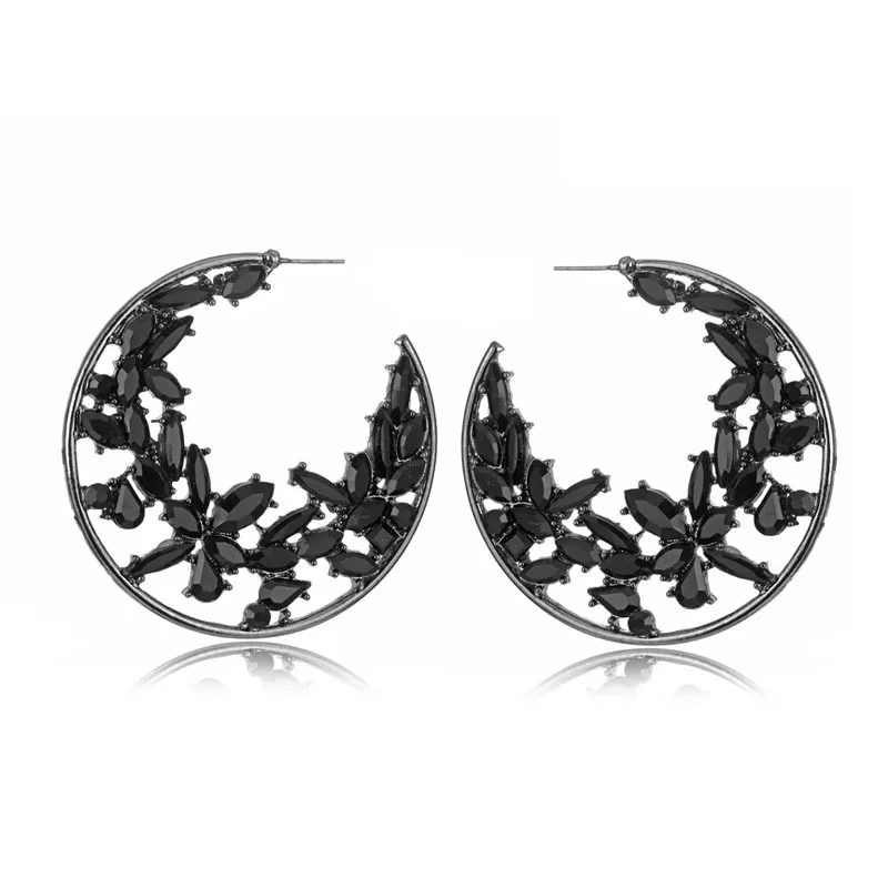 HOVANCI Summer New Micro Paved Diamond Crystal Big C Shape Hoop Earrings Simple Open Hollow Out Crystal Floral Circle Earrings