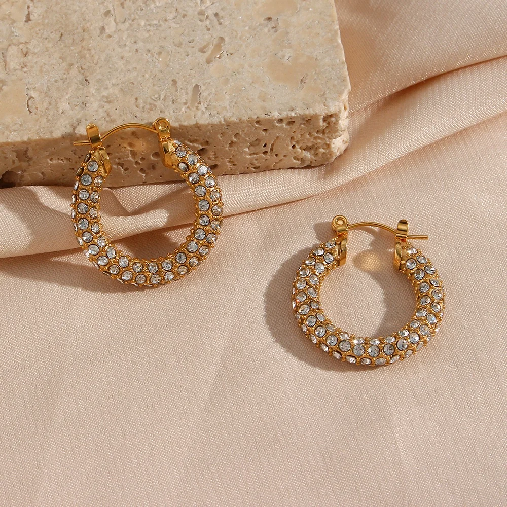Luxury Shining Zircon Chunky Hoop Earring 18k Gold Plated Stainless Steel Hoop Earring Tarnish Free Jewelry