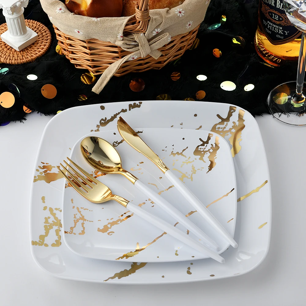 Shenzhen party plastic elegant gold disposable dinnerware tableware set