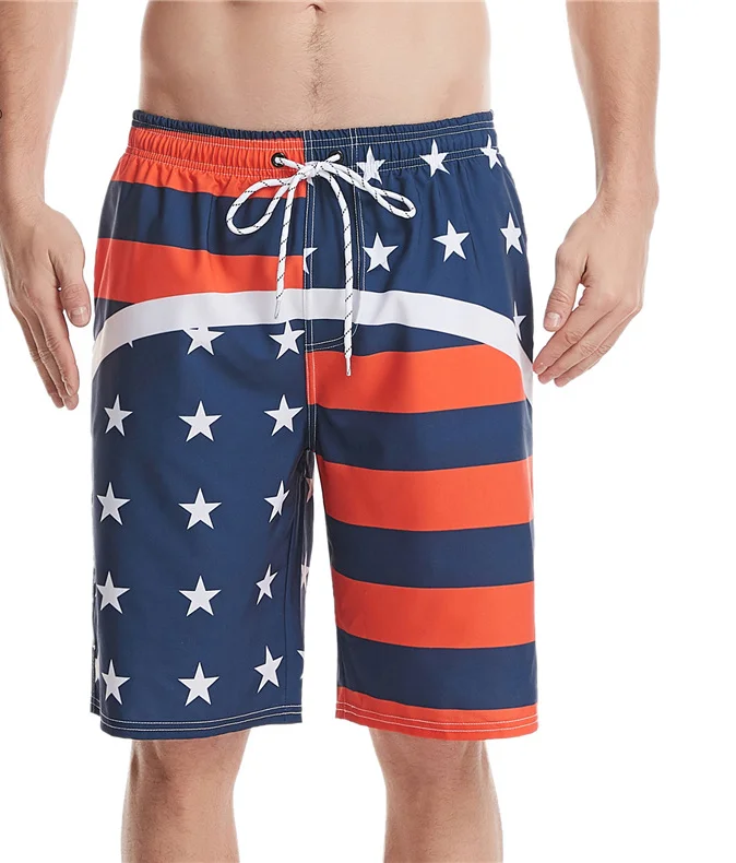 Custom 4 Way Stretch Printed American Flag Swim Shorts Men Beach Trunks