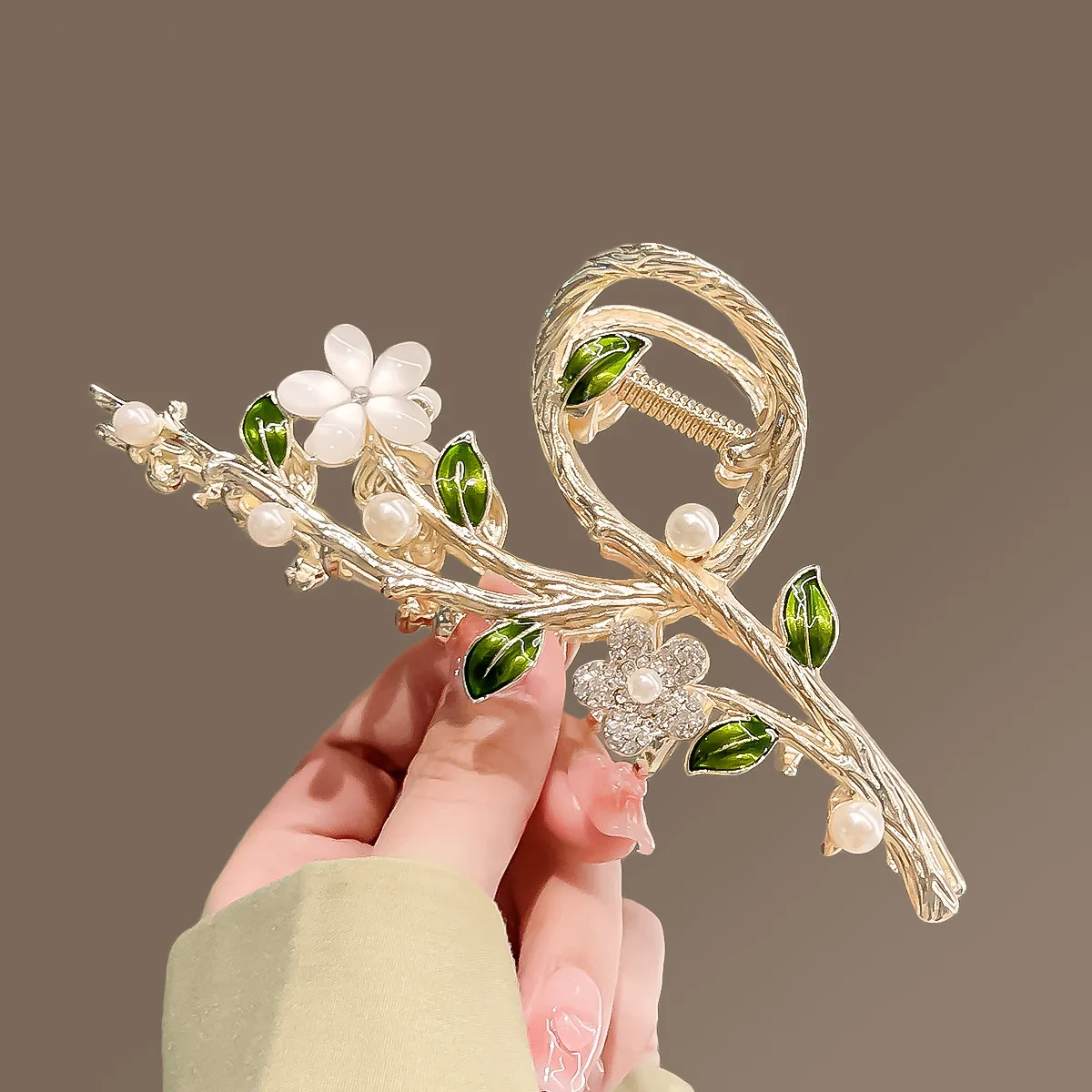 Fashion  Gold Stone Diamond Pearls  Branch Flower Catcher Clips Alloy Metal Hair Accessories Wholesale Hair Claw Clip