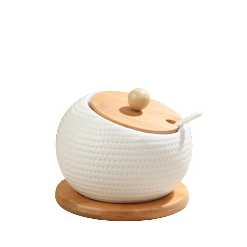 Luxury mini wholesale seasoning condiment porcelain ceramic container set spice jars with glass bamboo wood lid