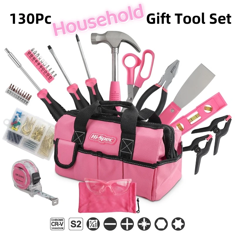 130Piece Home Tool Kit Pink Packaging For Easy To Carry Built-In Tools For A Variety Of Scenarios Durable Material