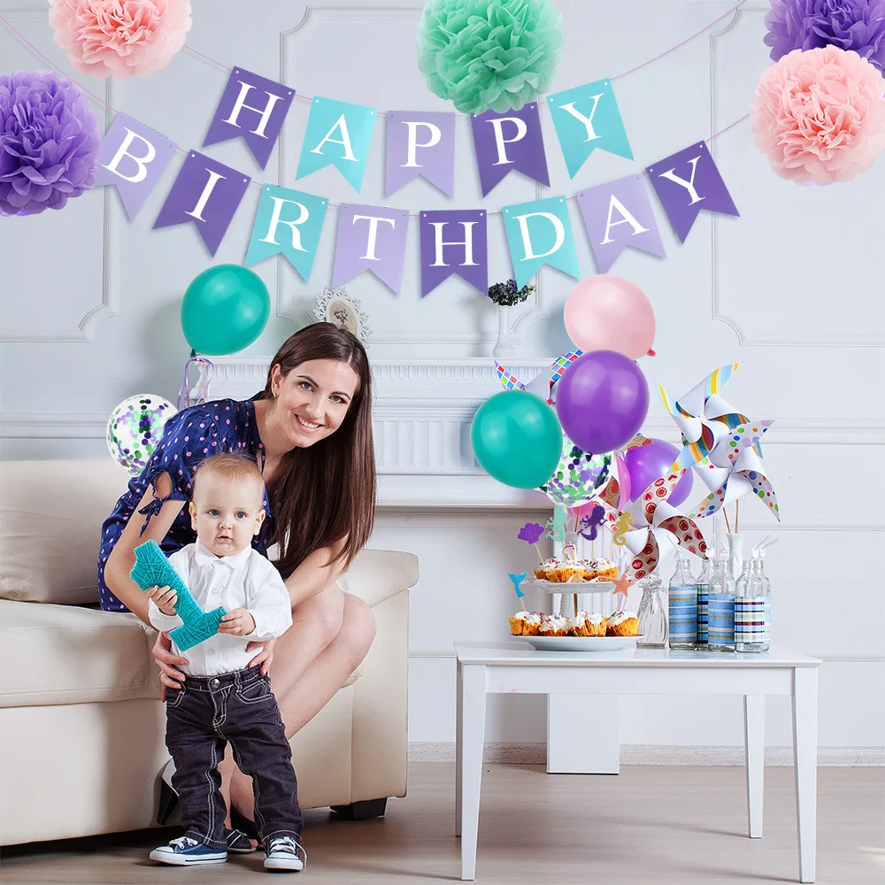 Amazon Hot Sale Foil Tassel Mermaid Theme Banner Purple Paper Flower Princess Birthday Party Decoration For Kids