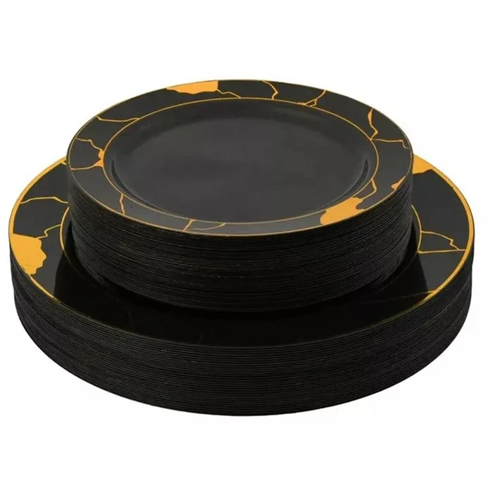 Customized Logo Black and Gold plastic plates Dinner plate and Dessert plate sets disposable for party supplies Silverware sets