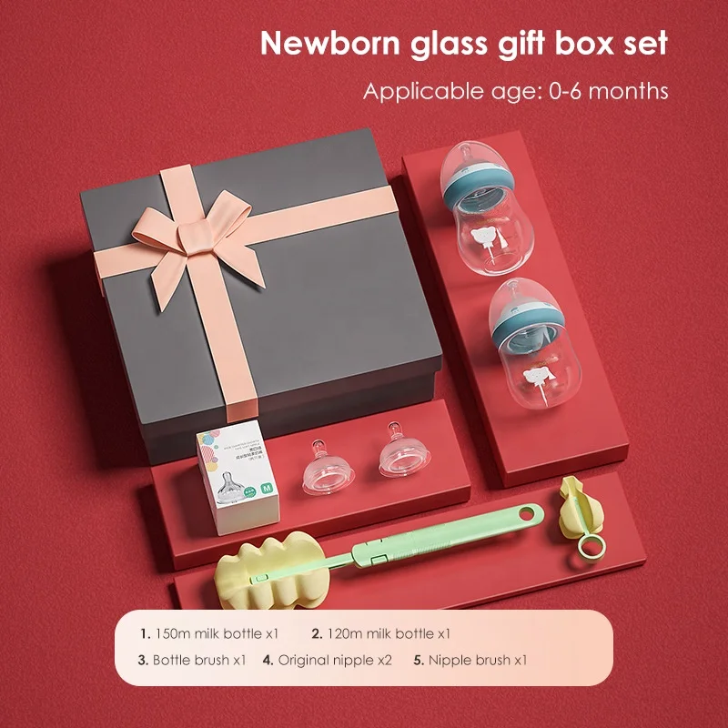 High Temperature Resistant  Anti Colic Milk Glass Feeding Baby Bottle Party Favor Bpa Free Gift Set Sponge