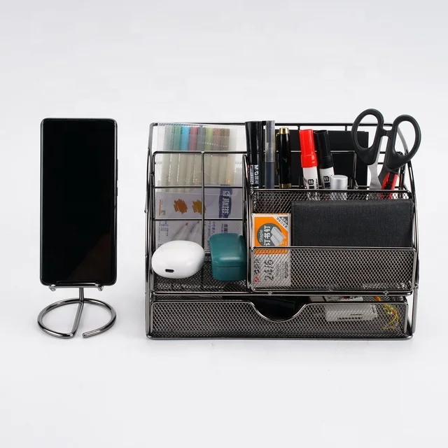 Home School Office Metal Mesh Desktop Desk Organizer with 6 Compartments Sliding Drawer Makeup Tool Storage