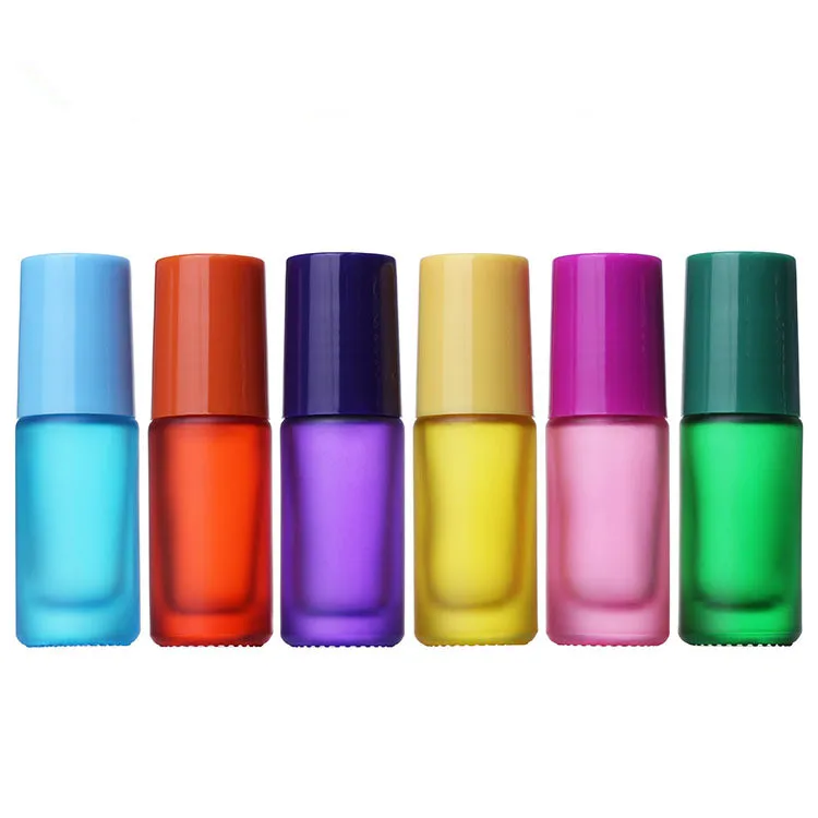 5ml matte blue orange purple yellow pink green glass roll on bottle with colors plastic cap and steel roller