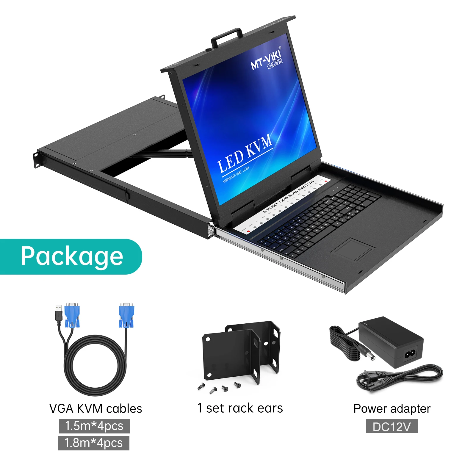 19 inch LCD KVM Switch 8 port VGA, MT-VIKI Rackmount KVM console 8x1 Drawer + 8 pack USB VGA Cables