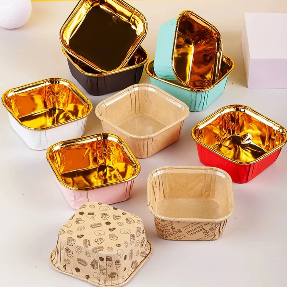 Square Aluminum Foil Paper Cupcake Liners Disposable Oven Safe Baking Pastry Cups For Party, Wedding
