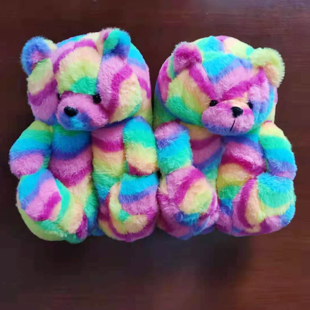 J9977 Drop Shipping Women Home Indoor Soft anti-slip Faux Fur Cute Slippers Winter Warm Shoes Cartoon Teddy Bear Slippers