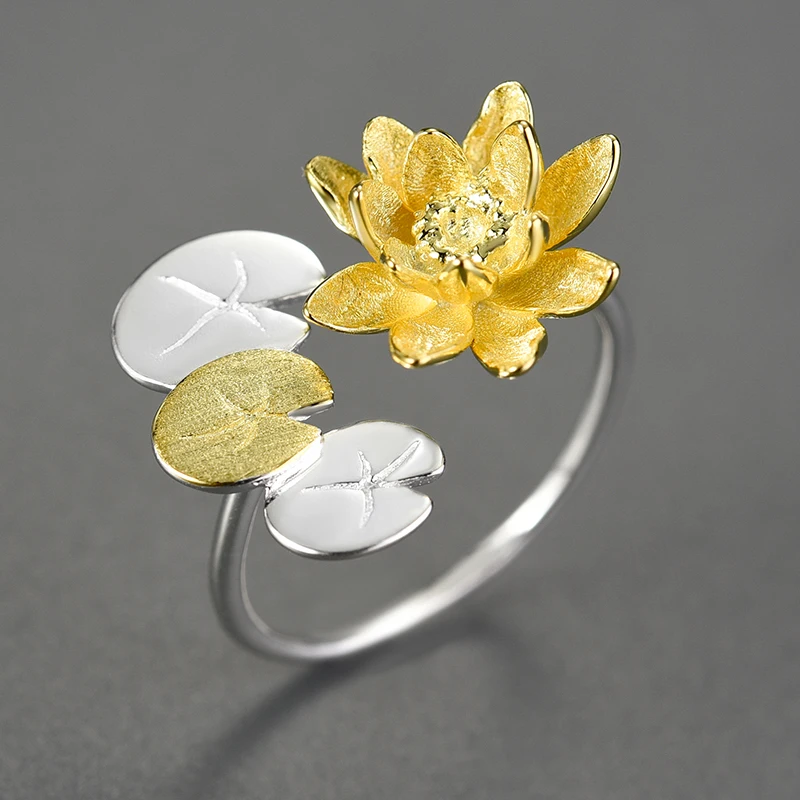 Trendy Jewelry 2023 Gold Plated Water Lily Flower Adjustable Rings Sterling Silver For Women