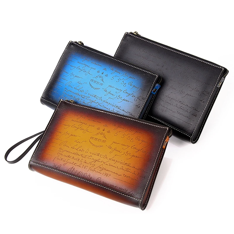 Japan style handmade fashion portable casual zipper mens handbag envelope leather clutch bag