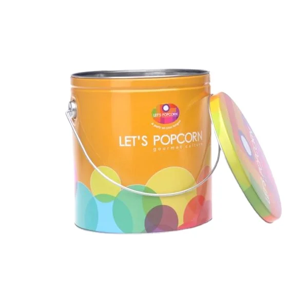 Custom handled metal tin popcorn bucket round cookie biscuit tin can container with lid