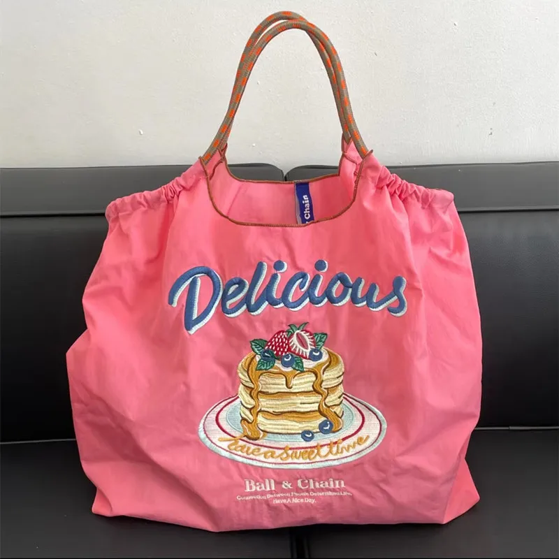 Embroidery Tote Bag Big Nylon Shopping Bag Nylon Foldable Reusable Shopping Bag for Women Lady Girls