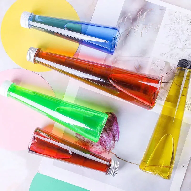 New Design 140ml 200ml 250ml 300ml 350ml 450ml Cone Shape PET Plastic Juice Bottle For Milk Tea liquor wine Beverage Packing