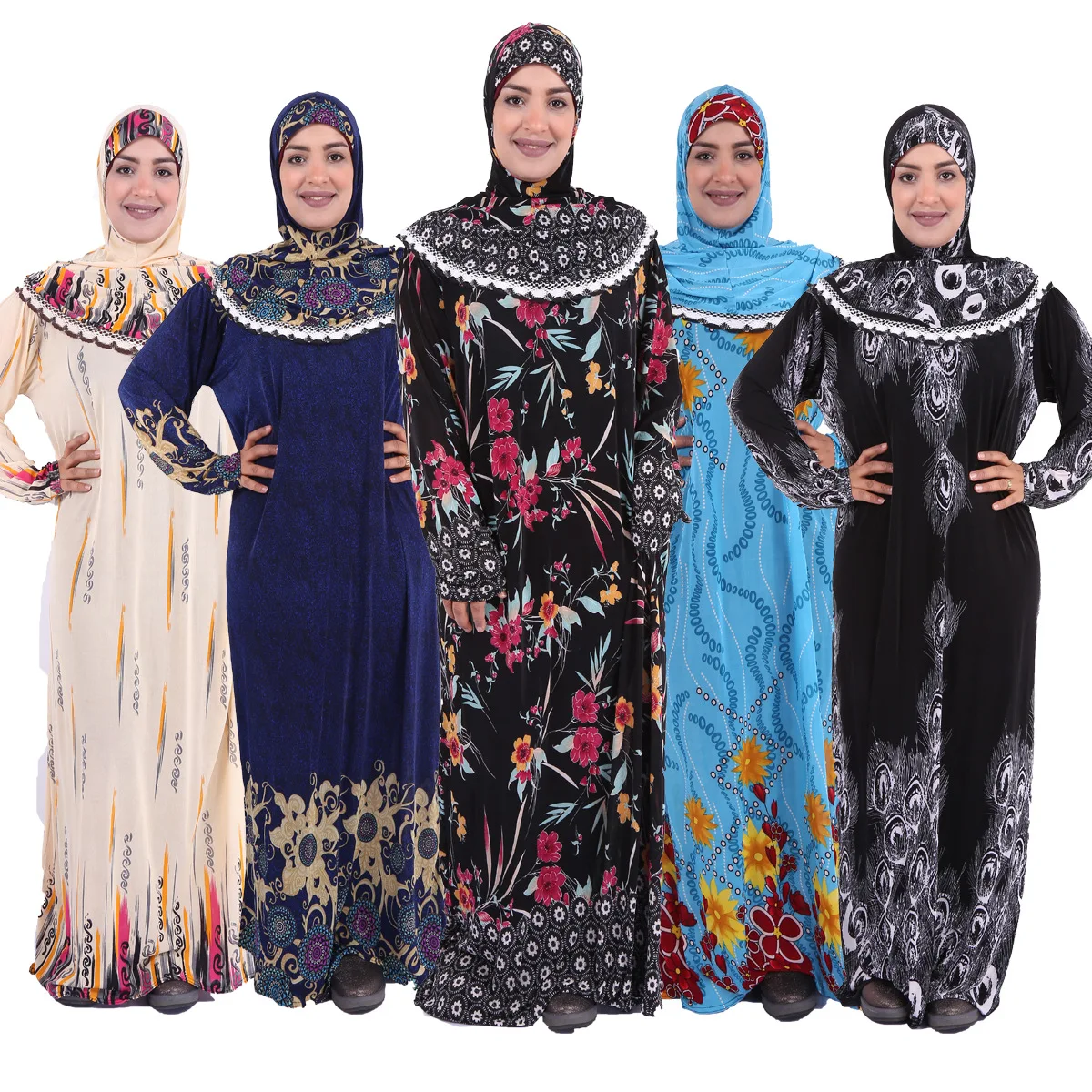 2021 wholesale hot sale latest ladies islamic prayer lady robe arabic robe turban print long sleeve dress for muslim