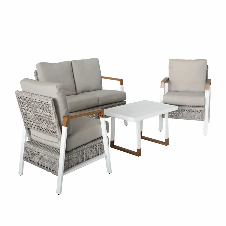 Luxury white patio outdoor kd furniture rattan wicker  KD sofas set with plastic wood table top