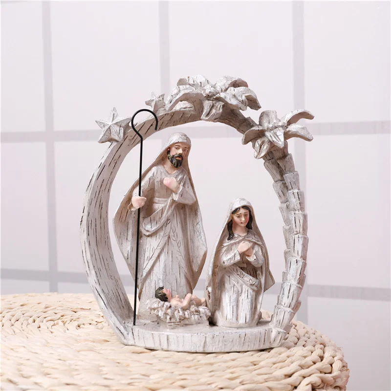 Christmas Decoration Coconut Trees Statue of Nativity Jesus Religious Resin Crafts SCULPTURE Home Decoration White Cross 0.82 Kg