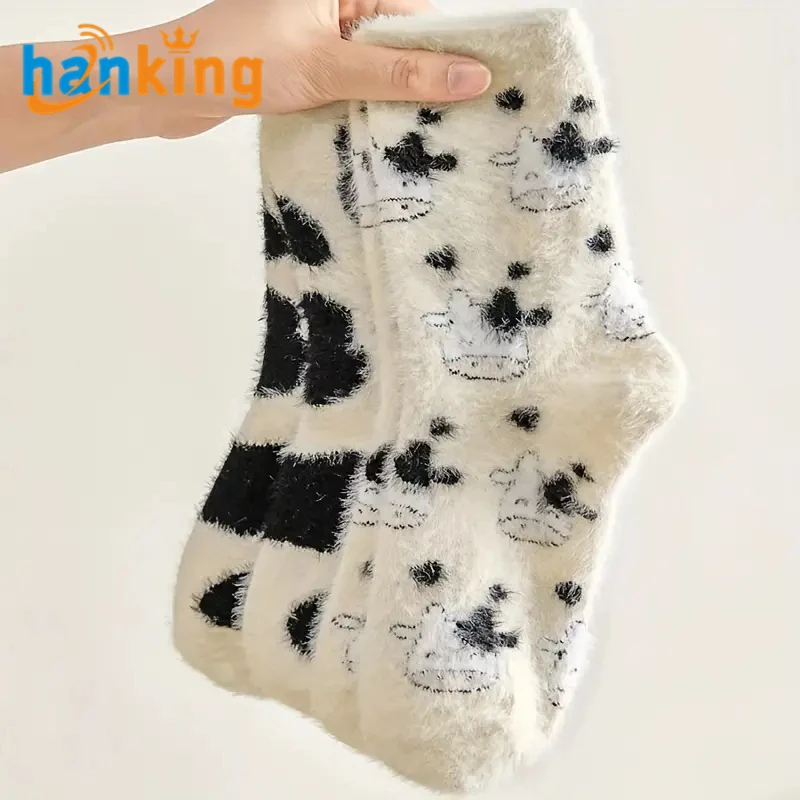 Ehanking Women Cute Soft Dinosaur Cow Spot Socks Ladies Fuzzy Thicken Cashmere Middle Tube Socks Warm Stockings Floor Wear Socks