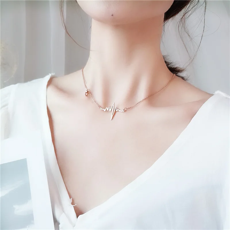 Fashion 18K Gold Plated Romantic Love Electrocardiogram Pulse Charm Pendant Necklace Stainless Steel Heartbeat For Women