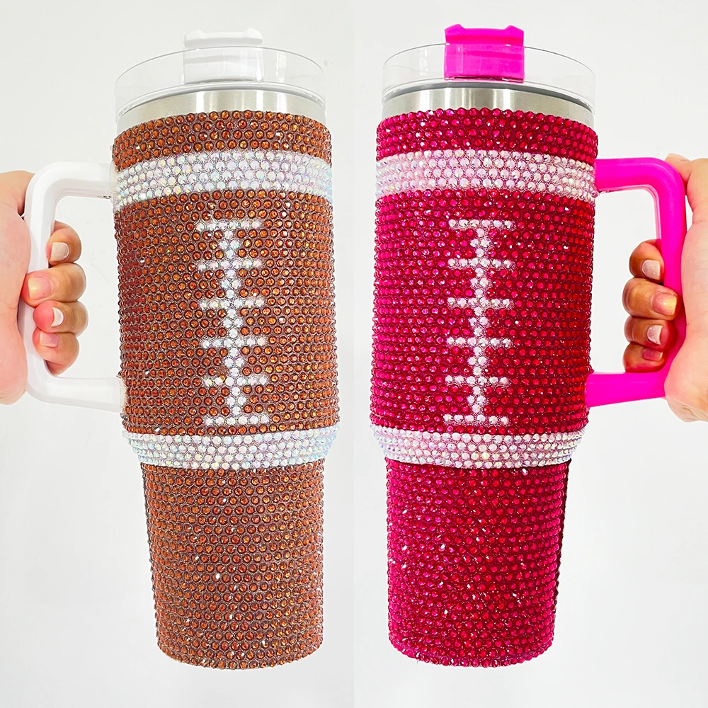 USA warehouse wholesale bulk 40oz football pattern bling tumbler with handle Gifts for Ballpark Sports Men Wome Team Boys Fans