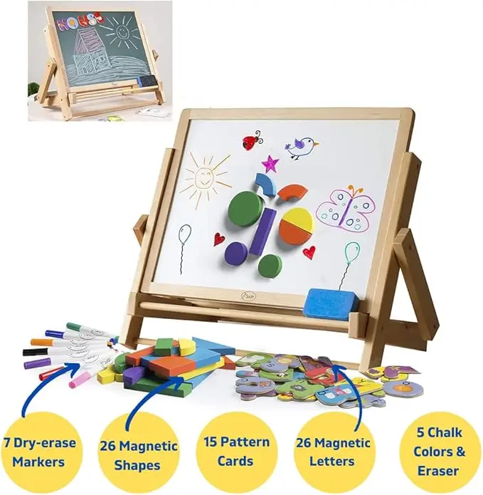 Wood Double-Sided Tabletop Easel Children Magnetic Dry Erase Whiteboard & Chalkboard, Alphabet Phonic Letters & Shapes