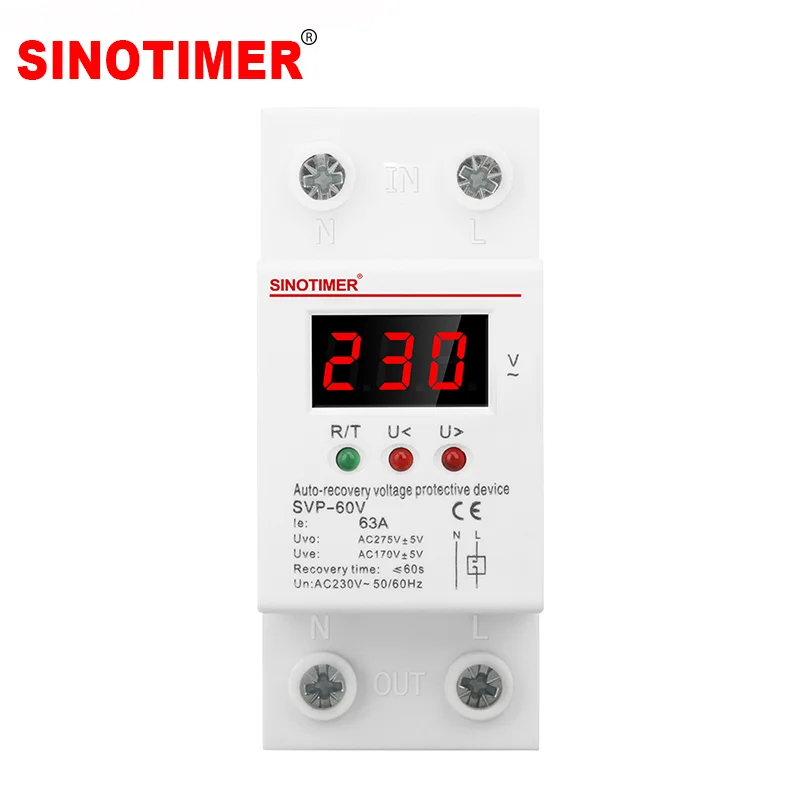 Sinotimer 220V 63A duplex LED digital display over voltage protector, over voltage protection, simple voltage protector