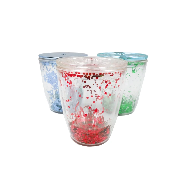 12 oz Double Wall Plastic Stemless Wine Tumbler Glasses,Wine Acrylic Tumbler Glitter bubble tea Tumbler With Straw